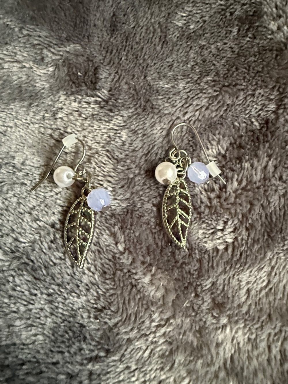 Delicate Silver Leaf Drop Earrings with White Pearl and Pale Blue Bead